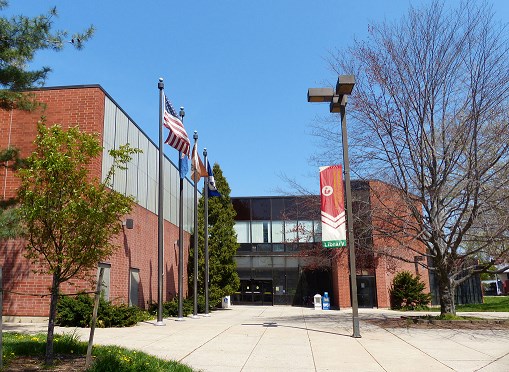 The front entrance of the Montgomery County-Norristown Public Library taken from outside the building
